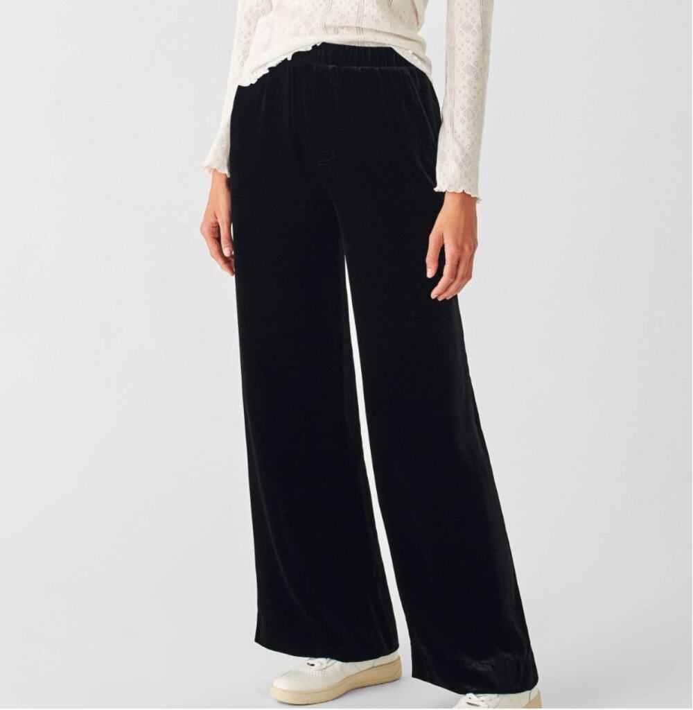 Faherty Women's Genevieve Vintage Silk Velvet Wide Leg Pant Moonlit Black Size M